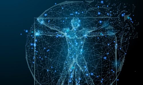 classic proportion man low poly blue classic proportion man low poly wireframe. Vector polygonal image in the form of a starry sky or space, consisting of points, lines, and shapes in the form of stars with destruct shapes