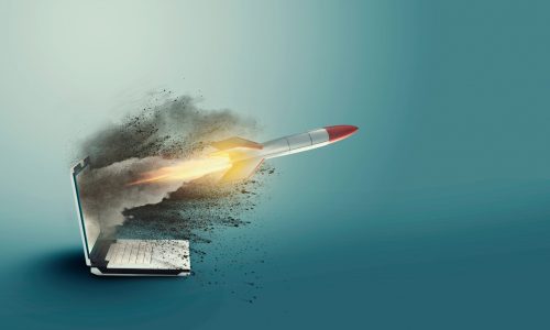 Startup concept with rocket flying out of laptop. Start online business. This is a 3d render illustration.