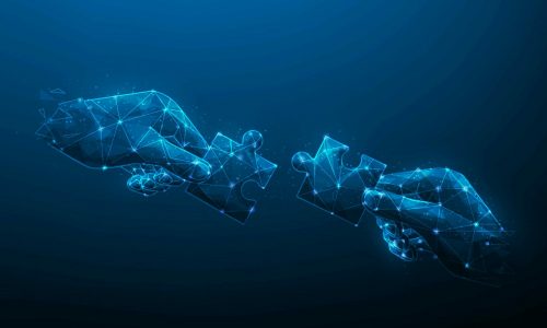 CorporateCall Key Visual hand hold jigsaw digital technology blue on dark background. Business partners and solution. Strategy for success. puzzle connect achievement low poly wireframe. vector illustration fantastic design.